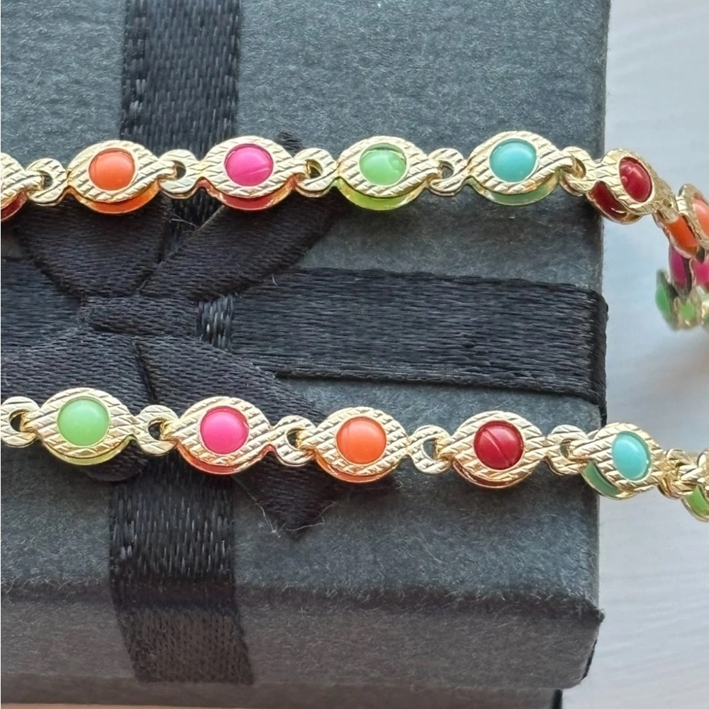 Gold Plated Rainbow Beaded Station Necklace Colorful Dainty Chain NWT - Picture 2 of 10